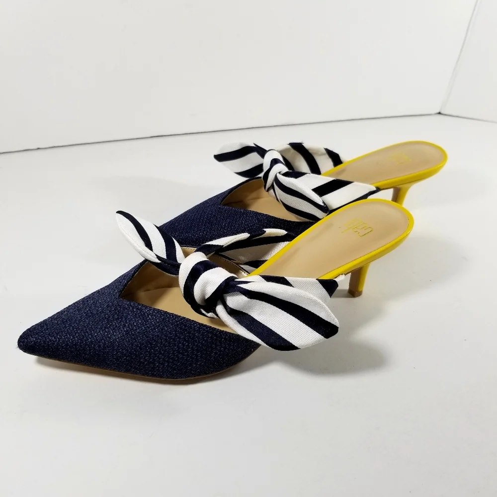CAbi Shoes Women's 8M Striped Bow Kitten Heel Mule Navy Blue Yellow White